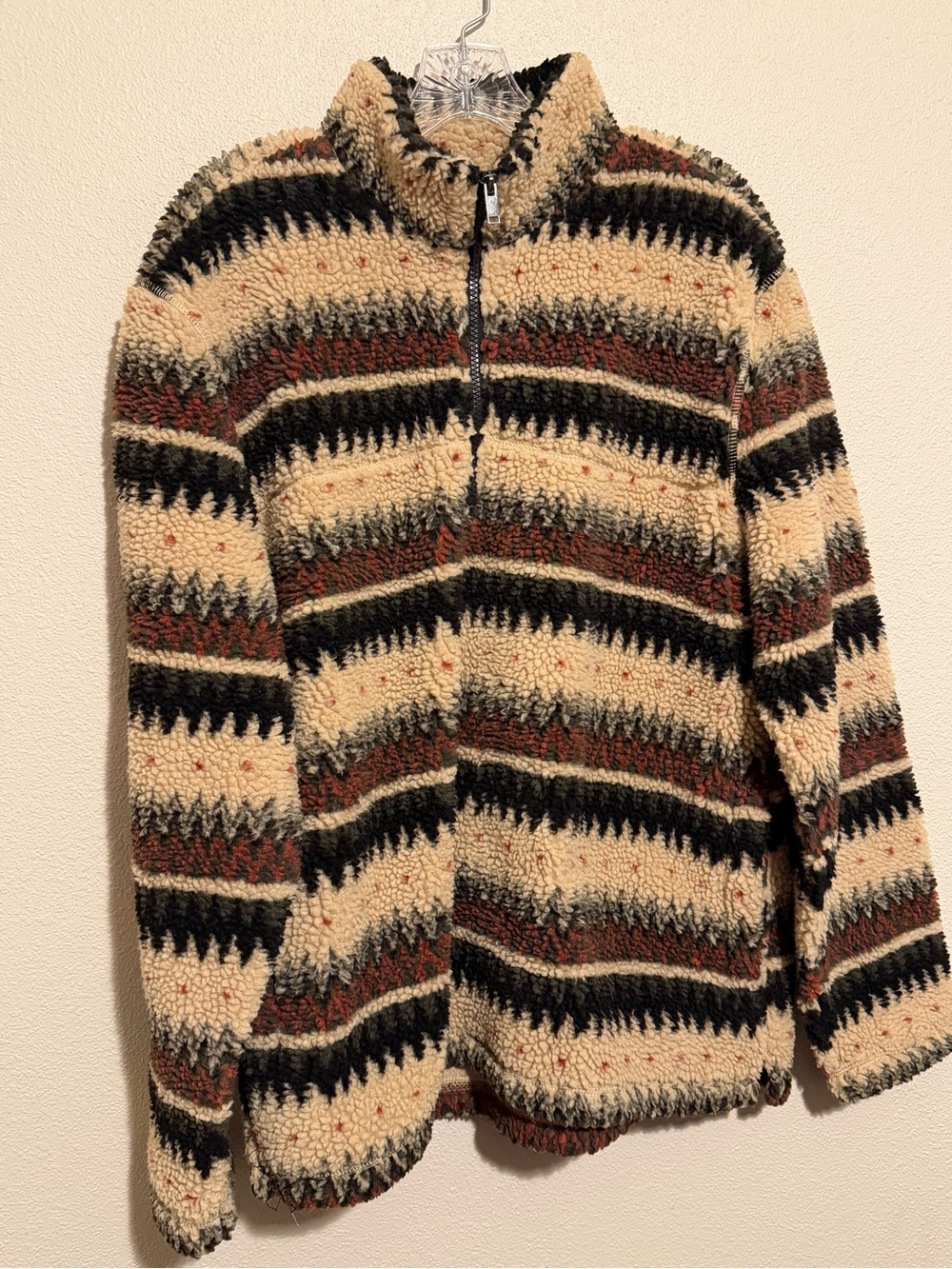 Men's Cream Striped Zip-Up Sherpa Sweater Jacket